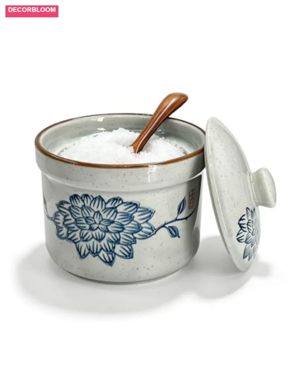 Ceramic Lotus Salt Cellar with Lid & Wooden Spoon, Kitchen Seasoning Jar